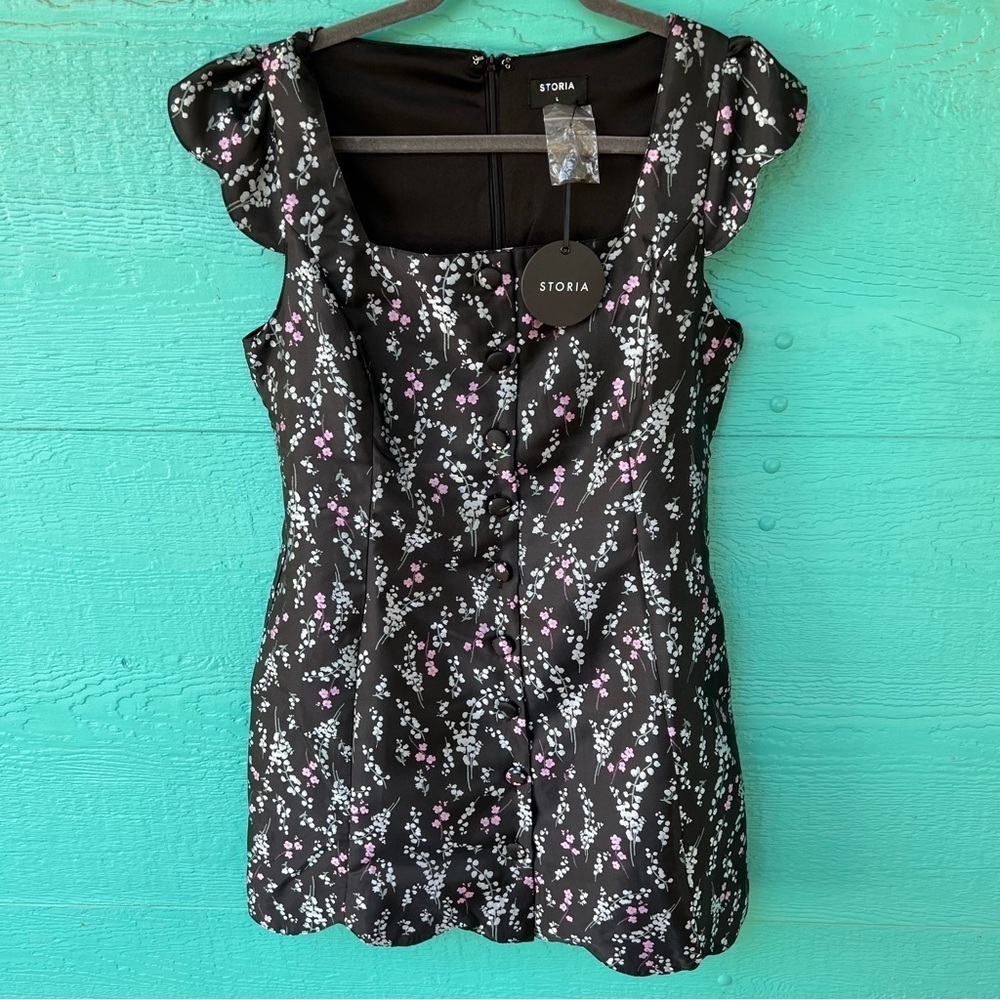 STORIA JAPANESE CHERRY BLOSSOM FLORAL SATIN MINI DRESS SIZE LARGE NWT